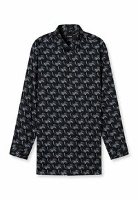 Langarmhemd aus schwarzem Stoff mit einem wirbelnden Muster in Blau und Grau. Beinhaltet eine Knopfleiste und ein klassisches Kragen-Design.