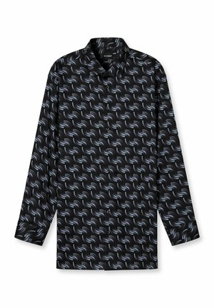 Langarmhemd aus schwarzem Stoff mit einem wirbelnden Muster in Blau und Grau. Beinhaltet eine Knopfleiste und ein klassisches Kragen-Design.