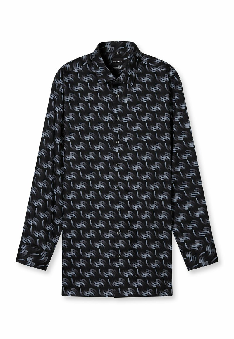 Langarmhemd aus schwarzem Stoff mit einem wirbelnden Muster in Blau und Grau. Beinhaltet eine Knopfleiste und ein klassisches Kragen-Design.