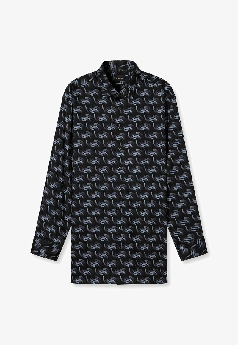 Langarmhemd aus schwarzem Stoff mit einem wirbelnden Muster in Blau und Grau. Beinhaltet eine Knopfleiste und ein klassisches Kragen-Design.