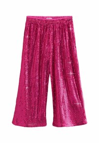 Rosa paljettsshorts med elastisk midja, som har en glänsande, texturerad yta och en bred ben-design.