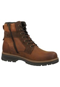 Braune Lederstiefeletten mit Schnürung vorne, Reißverschluss, Wildlederelementen und einer robusten Gummisohle für besseren Halt.