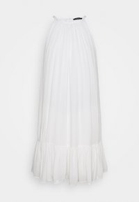 Bílé dlouhé šaty s nařaseným halter výstřihem, splývavou látkou a volánkovým lemem. Měkká textura, lehký design, vhodné na teplé počasí.