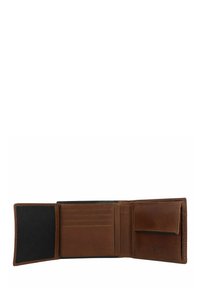 Portafoglio in pelle marrone con design a pieghe. Presenta diversi scomparti per carte, una tasca per monete con zip e un interno in tessuto nero.