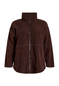 Braune Fleecejacke mit hohem Kragen, durchgehendem Reißverschluss und langen Ärmeln; zeichnet sich durch eine strukturierte, weiche Oberfläche und eine lockere Passform aus.