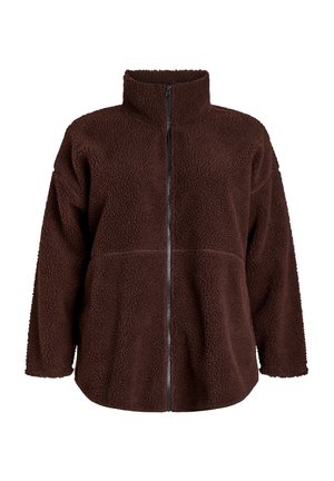 Brown fleece jacket with high collar, full front zipper, and long sleeves; features a textured, soft surface and a relaxed fit.