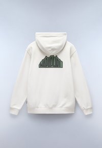 Felpa bianca con tasca a marsupio, cappuccio e grafica di una montagna verde con il testo "NAPADJIRRI" sul retro. Tessuto morbido e vestibilità comoda.