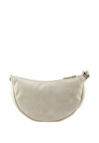 Borsa color crema in similpelle con forma curva a mezzaluna. Dotata di chiusura con cerniera e tracolla regolabile. Texture liscia.