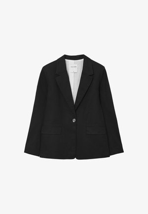 Blazer nero con rever a lancia, chiusura con un bottone,due tasche frontali e trama di tessuto liscia. Etichetta con la scritta "CALLIOPE."