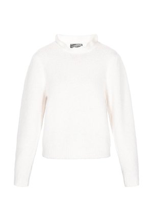 Pulover alb cu mânecă lungă, tricotat, cu guler înalt și volănașe, precum și tiv și manșete cu model în relief.