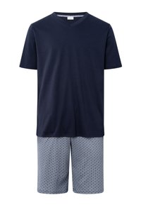T-shirt bleu marine à col en V avec manches courtes et short bleu à motif géométrique en blanc. Matière en mélange de coton, coupe décontractée.