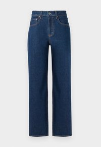 Pantalones vaqueros de denim azul oscuro con un diseño de pierna recta, adornados con costuras naranjas, cinco bolsillos y un cierre de botón clásico.