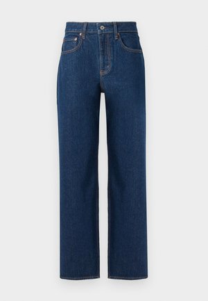 Dark blue denim jeans with a straight leg design, featuring orange stitching, five pockets, and a classic button closure.