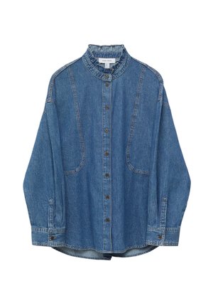 Spijkershirt met knopen en lange mouwen, een geplooide hoge kraag, verticale naaddetails en manchetten met knopen.