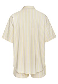 Korte mouwen shirt in lichtgeel met witte en grijze verticale strepen, voorzien van een kraag en een losse pasvorm, gemaakt van zacht materiaal.