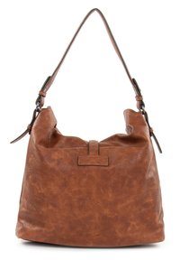 Sac à bandoulière en cuir marron avec un design décontracté, une sangle réglable unique et un détail de couture proéminent en haut.