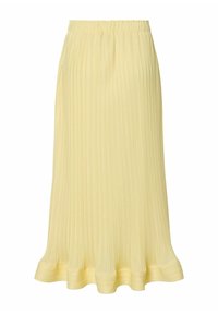 Falda midi plisada en tejido amarillo suave, con cintura elástica y dobladillo fluido, con un acabado liso y texturizado.