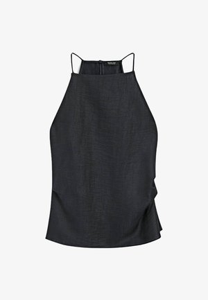 Schwarzes Halftertop aus leichtem, strukturiertem Stoff. Hat eine lockere Passform, kontrastierende weiße Träger und ein dezentes Drapierungsdetail auf einer Seite.