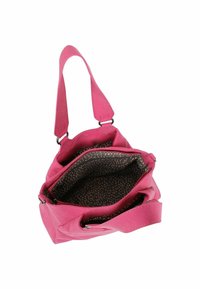 Borsa a tracolla in pelle rosa con due manici, scomparti con zip e aperti, e una fodera interna brown a fantasia.