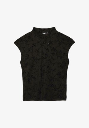 Blouse noire sans manches avec col mandarin, patte de boutonnage diagonale et motif floral subtil.
