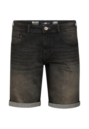 Zwarte denimshorts met een normale pasvorm, voorzien van een omgeslagen zoom, voorzakken en een knoopsluiting. De stof heeft een lichte vervaging en een zachte textuur.