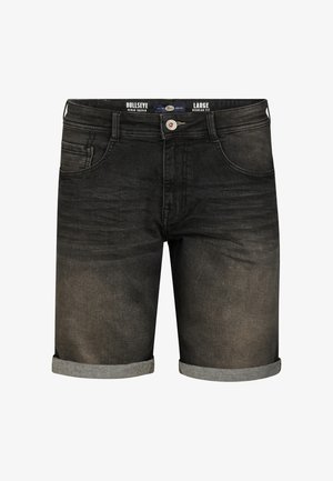 Zwarte denimshorts met een normale pasvorm, voorzien van een omgeslagen zoom, voorzakken en een knoopsluiting. De stof heeft een lichte vervaging en een zachte textuur.