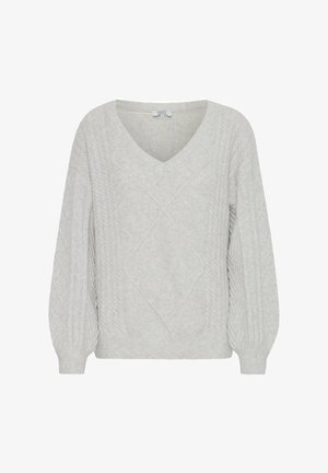 Hellgrauer, gestrickter Pullover mit V-Ausschnitt, der ein Zopfmuster und Ballonärmel aufweist, aus einem weichen, strukturierten Gewebe gefertigt.