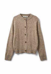 Beige Cardigan aus weicher Wolle mit Rundhalsausschnitt, Knopfverschluss und gerippten Bündchen. Schlichtes Design mit strukturierter Oberfläche.