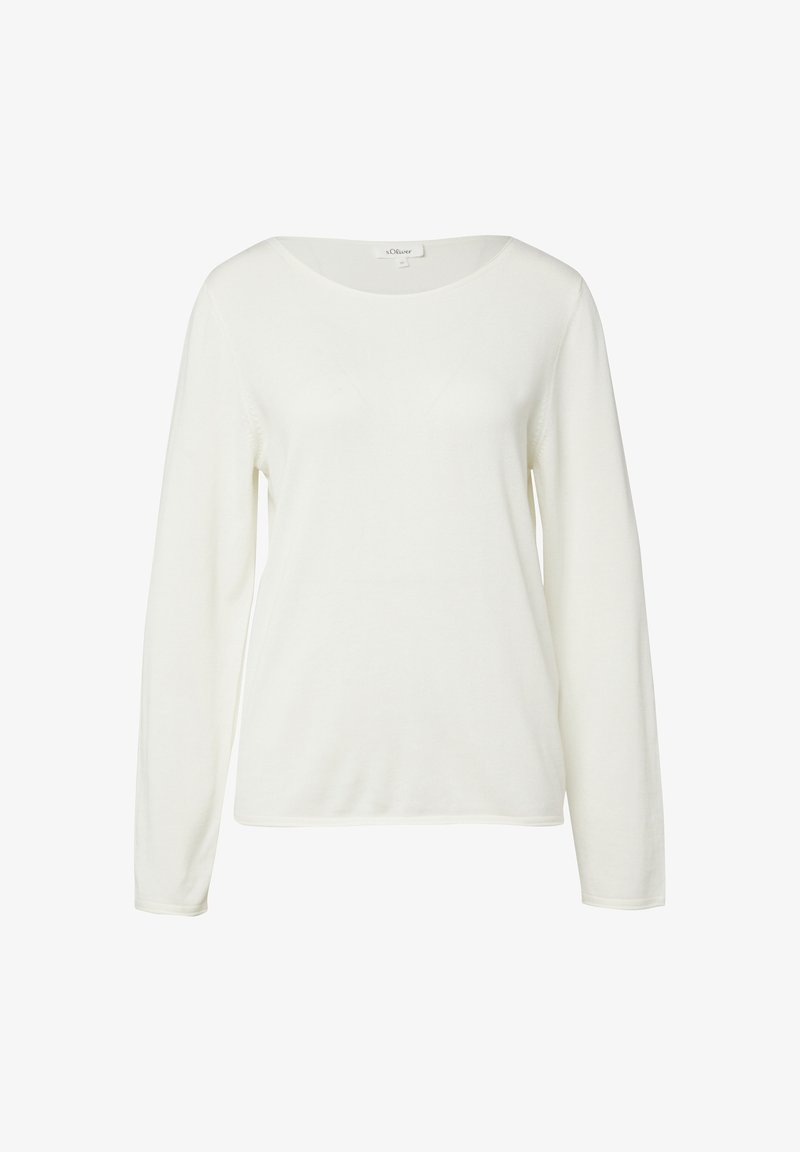 Chemise blanche à manches longues en tissu doux, avec un col rond large et une coupe décontractée. Détail de couture sur les manches et l'ourlet.