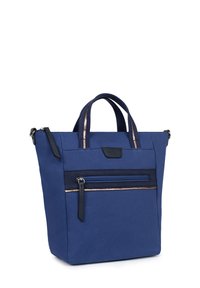 Borsa tote in tela blu navy con manici superiori doppi, chiusura con zip, una tasca frontale con zip e dettagli color rame sulla rifinitura e sulle cerniere.