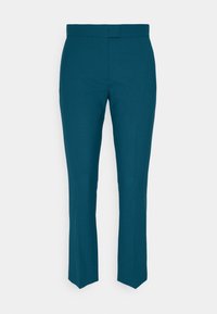 Pantalons ajustés teal en tissu lisse, avec un devant plat et un design à jambes droites, dotés d'une taille épurée et sans embellissements visibles.