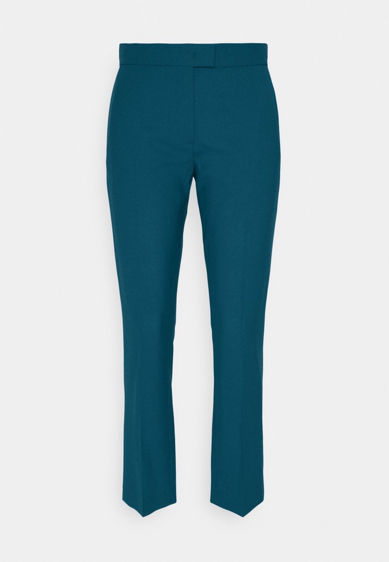 Pantalons ajustés teal en tissu lisse, avec un devant plat et un design à jambes droites, dotés d'une taille épurée et sans embellissements visibles.