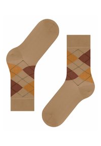Beżowe skarpetki za kostkę z wzorem argyle w diamenty w kolorze żółtym, brązowym i zielonym. Wykonane z gładkiego materiału z wzmocnionym piętą.