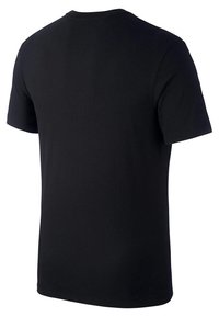 Svart t-shirt med kort ärm, av bomull, rund hals, rak sidsöm, slät textur, ingen synlig logotyp eller mönster, enkel design.