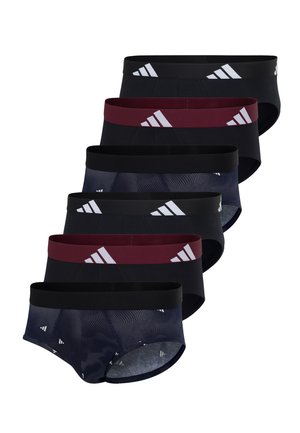Sechs Herren-Slips in Schwarz, Marineblau und Burgunderrot, angeordnet in zwei vertikalen Reihen auf weißem Hintergrund.