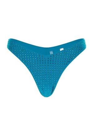 Türkisfarbene Bikini-Tanga mit Stachelakzenten, ausgestattet mit einer glatten Textur und tailliertem Design. Die Vorderseite hat eine Reihe kleiner runder Verzierungen.