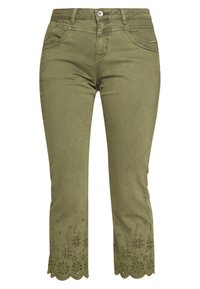 Olive green cropped jeans with a fitted design, featuring embroidered floral accents and scalloped hem. Made of sturdy denim material.