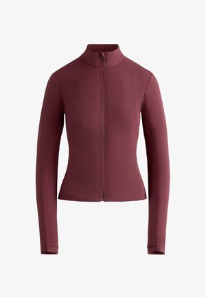 Bordó, magas nyakú, elöl cipzáras, hosszú ujjú, testre szabott dzseki sima anyagból, derekán szabott, látható logó vagy minta nélkül.