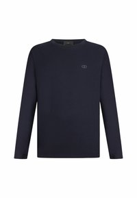 T-shirt a maniche lunghe blu navy in cotone, con scollatura rotonda e un logo discreto sul petto. Texture liscia e design minimale.