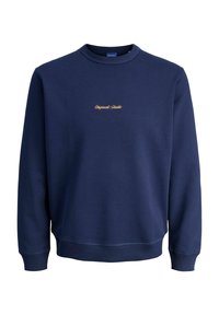 Navy blue cotton sweatshirt with ribbed cuffs and hem, featuring an embroidered "Original Studio" logo in contrasting gold.