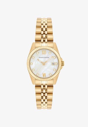 Goldfarbene Uhr mit rundem Gehäuse, Zifferblatt aus weißem Perlmutt, goldenen Stundenmarkern und einem strukturierten Gliederarmband. Datumsfenster bei 3 Uhr.