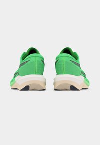 Ζευγάρι πράσινα αθλητικά παπούτσια από δίχτυ με λευκές και μπεζ σόλες, εμφανιζόμενα από πίσω σε λευκό φόντο.