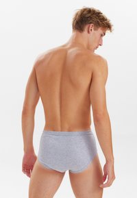 Grå bomuldsunderbukser med en glat overflade, der har en lav taljehøjde og elastisk taljebånd, båret af en mandlig model set bagfra.