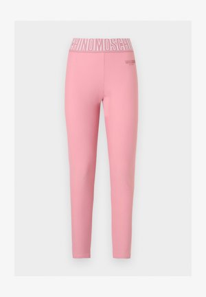 Leggings roses longueur intégrale avec taille élastique comportant le texte répété "MOSCHINO" et un petit logo embossé sur la partie supérieure de la cuisse.