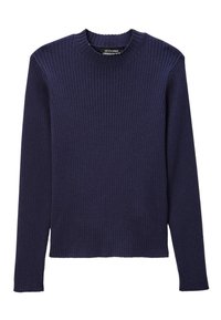 Pull en maille c ôtelée marine avec un col rond et des manches longues. Texture douce avec un léger stretch, sans motifs et avec un minimum de détails.