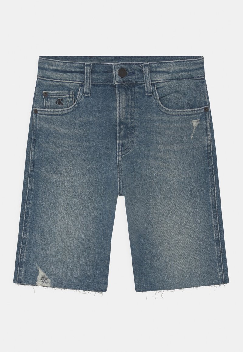 Denim shorts in faded blue with a straight cut, featuring a raw hem, subtle distressing, and two front pockets. Adjustable waistband.