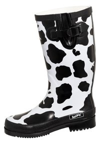 Black and white cow print rubber rain boot with black textured sole and adjustable buckle near the top, branded "SALIHA."