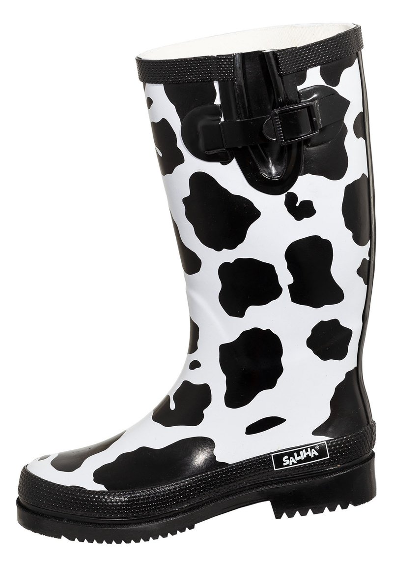 Black and white cow print rubber rain boot with black textured sole and adjustable buckle near the top, branded "SALIHA."