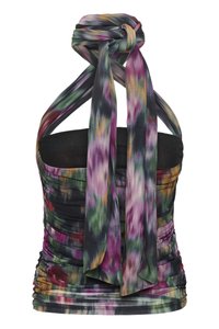 Top a halter con design annodato, motivo tie-dye multicolore e texture arricciata in tonalità di viola, verde e nero.