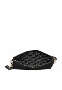 Zwarte pouch met een gestructureerde buitenkant, gouden rits en een gevoerde stof met een patroon dat een herhaald ontwerp bevat. Rits trekker bevestigd.